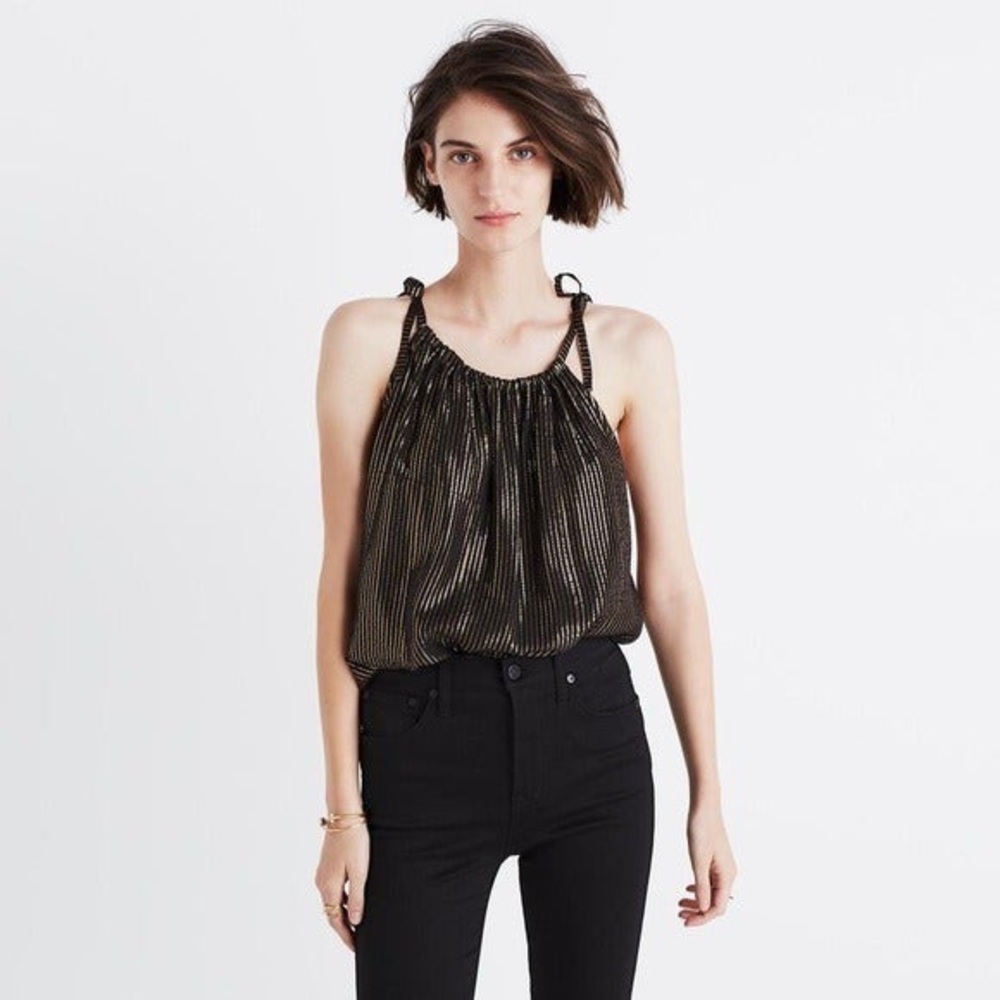 NWOT Madewell Metallic Black and Gold Strip Halter Top